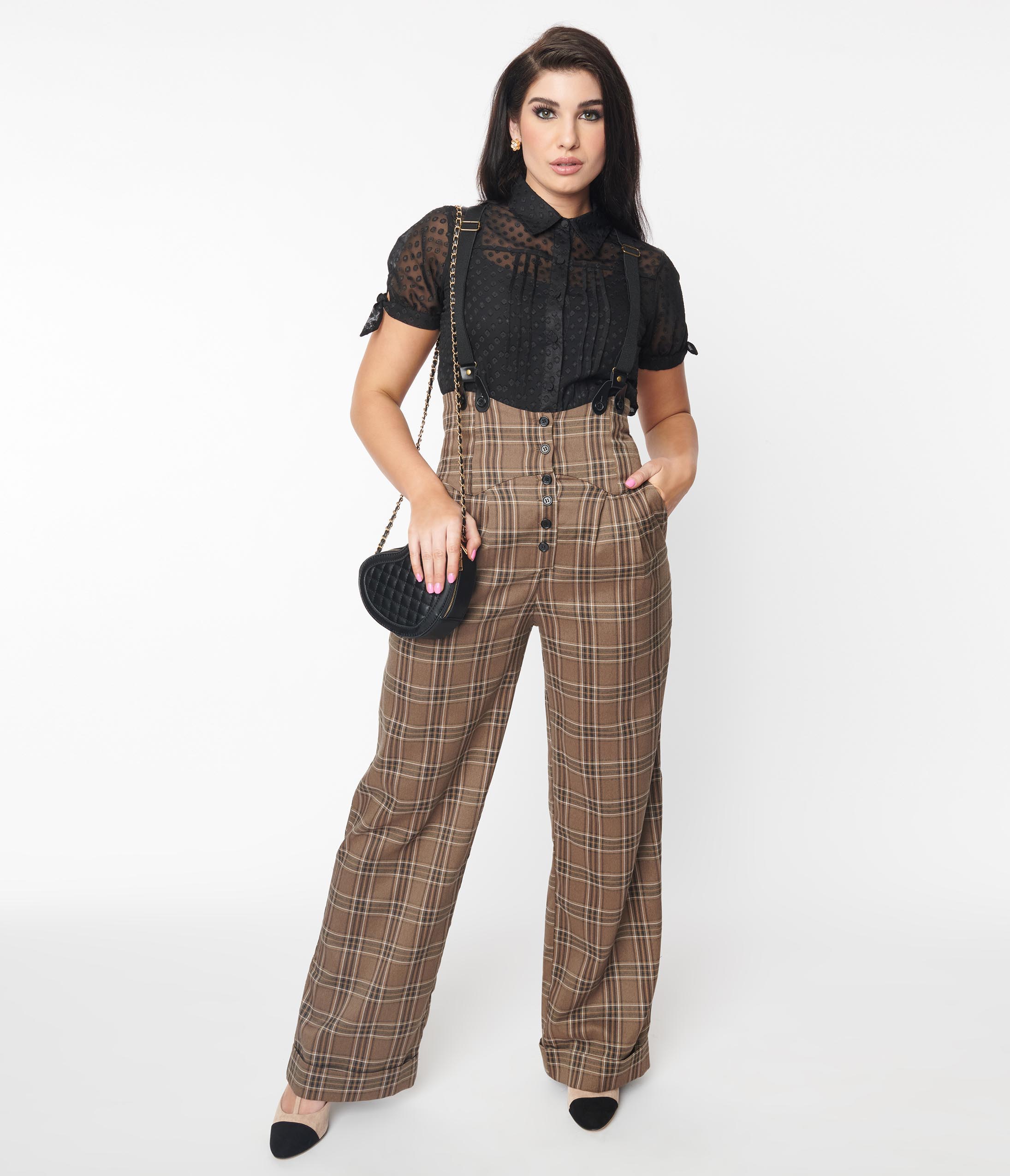 Long Plaid Wide Leg Wool Pants, Vintage Inspired Women's Pants