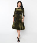 Pocketed Back Zipper Belted Fitted 3/4 Sleeves Swing-Skirt Bateau Neck Dress