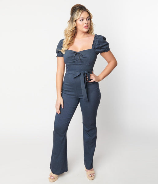 Denim Belted Sweetheart Puff Sleeves Sleeves Tie Waist Waistline Jumpsuit With a Sash and Ruffles