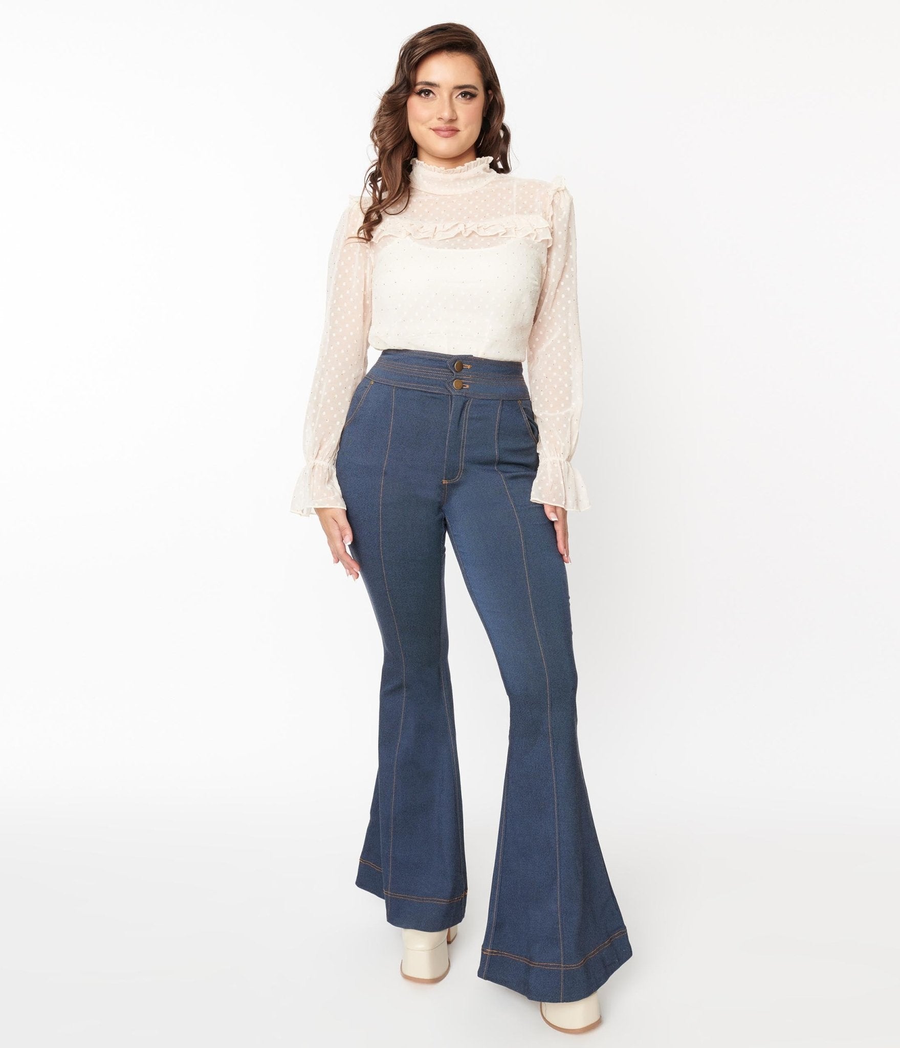 70s Pants, 70s Jeans – Bell Bottoms, Flares, Hippie Pants Unique Vintage Denim High Waisted Bell Bottom Jeans $78.00 AT vintagedancer.com