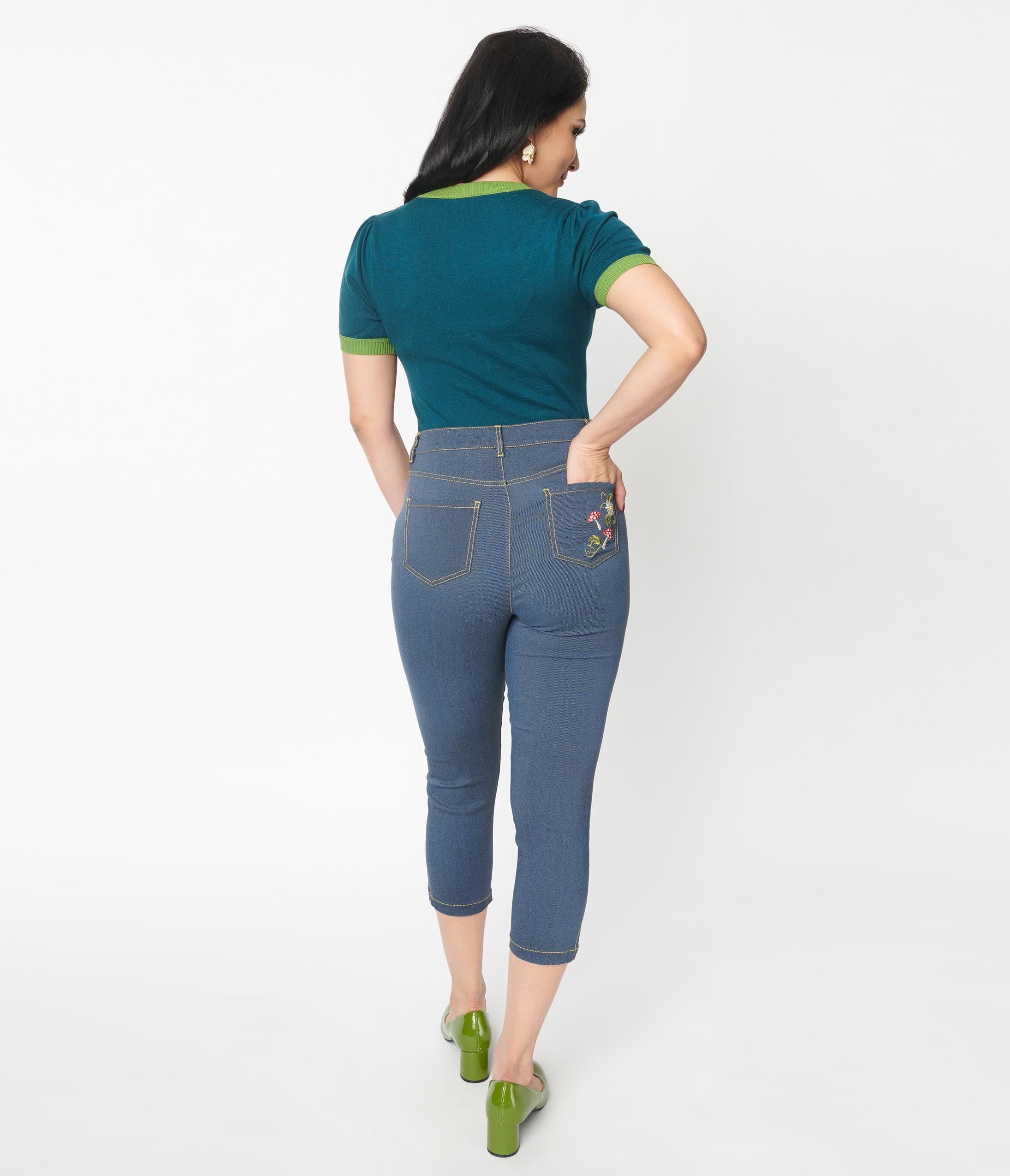 Unique Vintage Denim Mushroom & Daisy Embroidered Rachelle Capri Pants