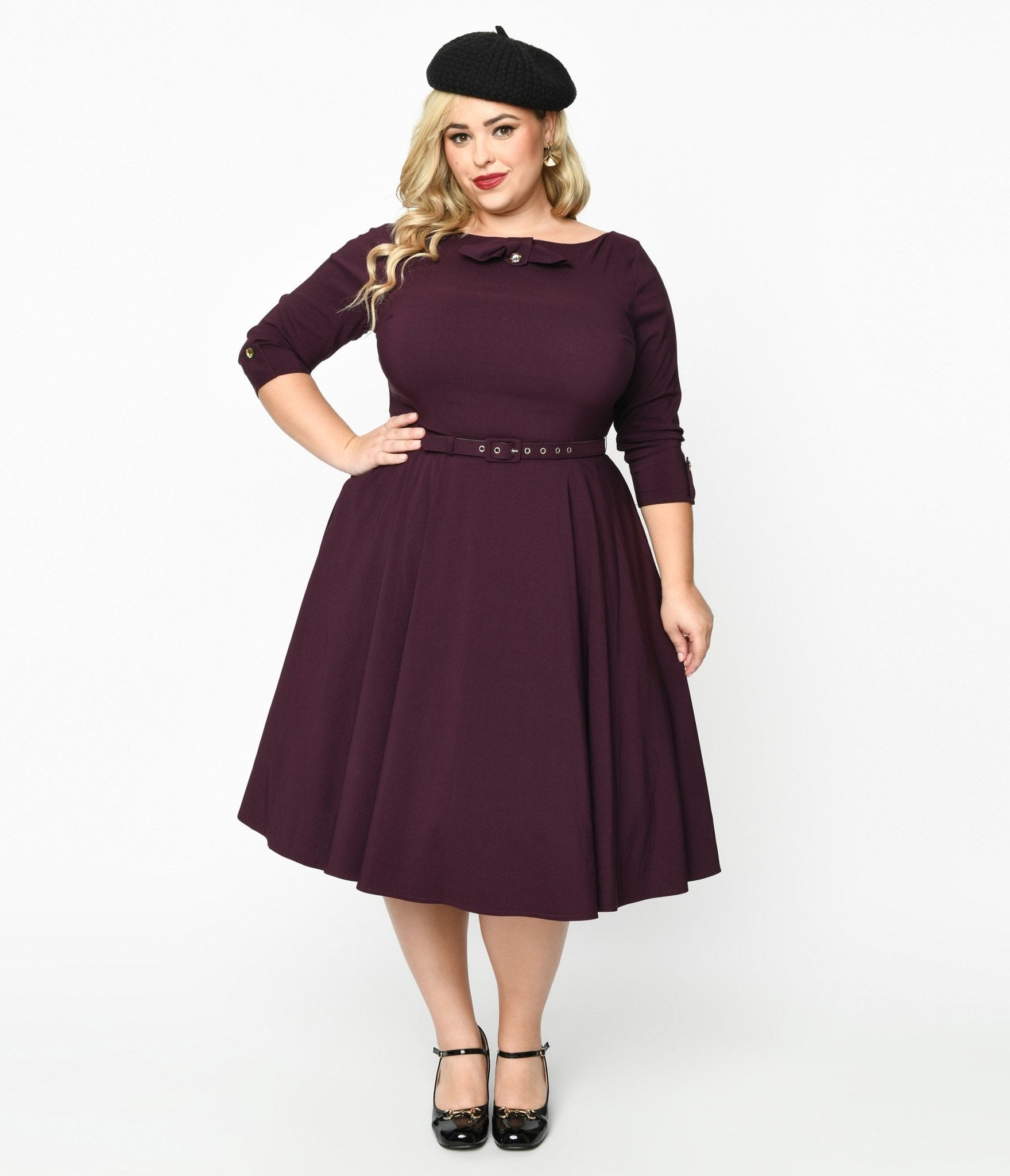 60s 70s Plus Size Dresses, Clothing, Costumes Unique Vintage Eggplant Faux Bow Devon Swing Dress $98.00 AT vintagedancer.com