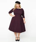 Bateau Neck 3/4 Sleeves Swing-Skirt Fitted Pocketed Back Zipper Belted Knit Dress