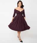 V-neck Elasticized Waistline Swing-Skirt Pleated Back Zipper Elbow Length Sleeves Dress