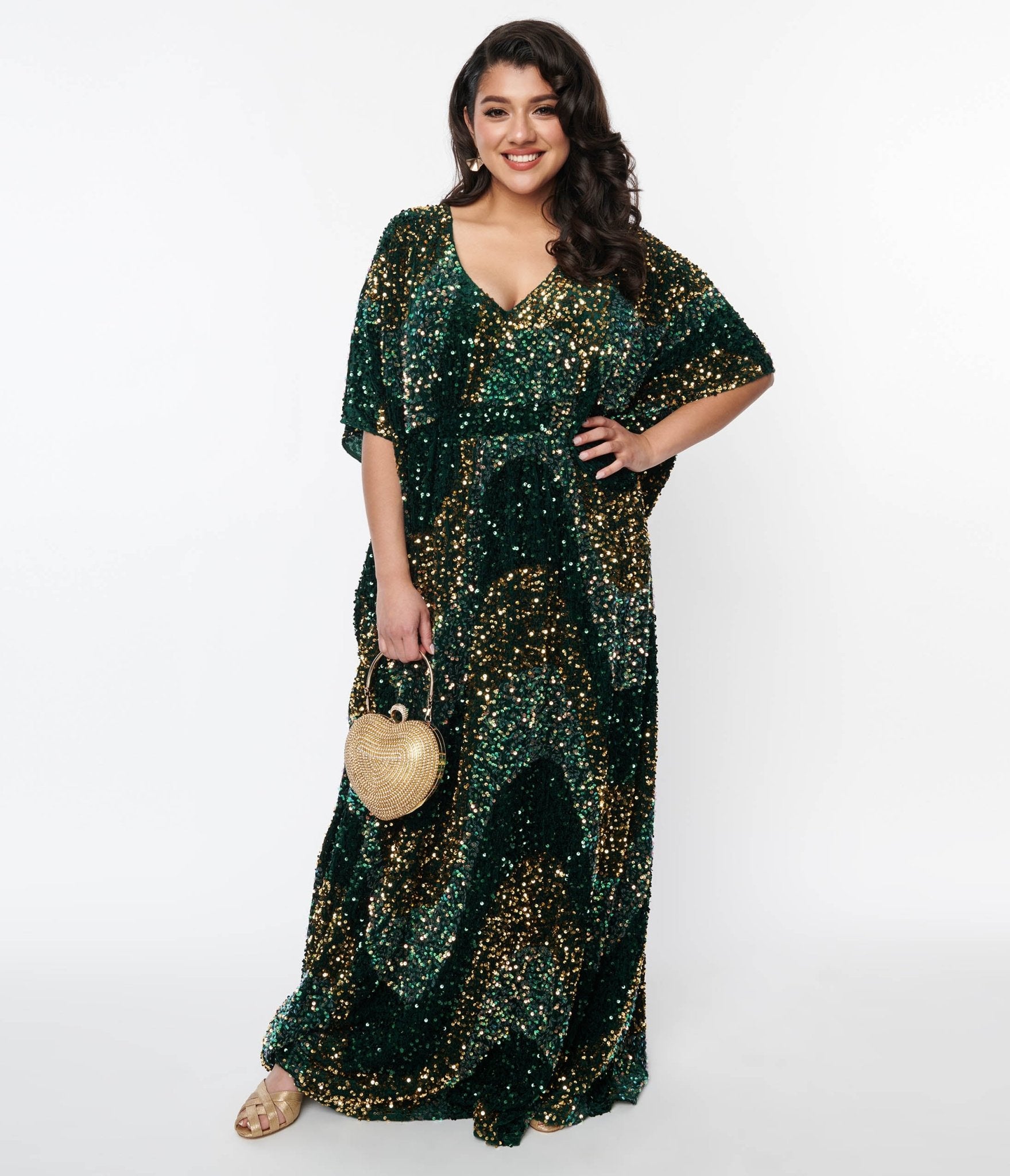 

Unique Vintage Emerald & Gold Sequin Burton Caftan Dress