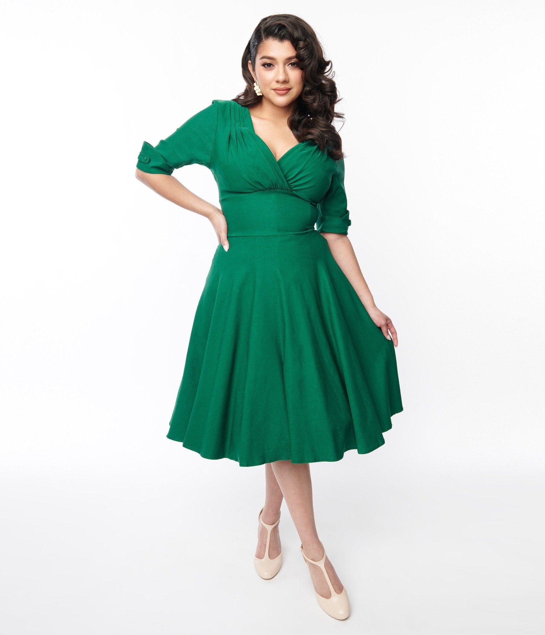 Emerald Green & Black Peacock Deco Print Eileen Flare Dress