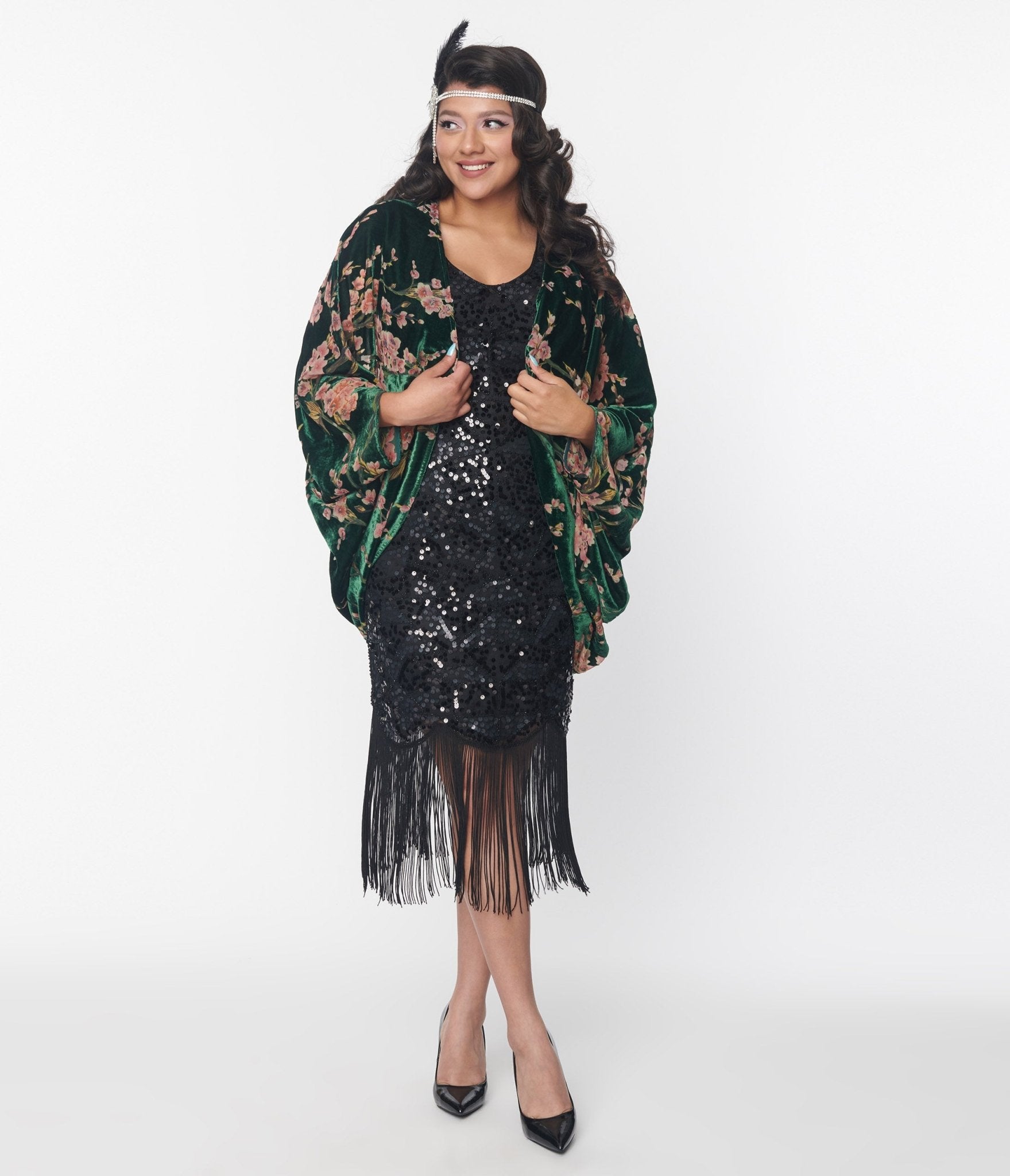 

Unique Vintage Plus Size Emerald Green Floral Burnout Velvet Kimono