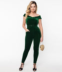 Notched Collar Off the Shoulder Velvet Jumpsuit