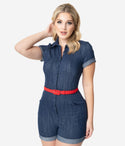 Collared Button Front Pocketed Vintage Summer Short Sleeves Sleeves Romper