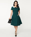 Swing-Skirt Collared Back Zipper Fitted Checkered Gingham Print Dress With a Bow(s)