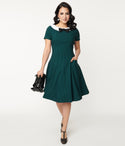 Collared Checkered Gingham Print Swing-Skirt Back Zipper Fitted Dress With a Bow(s)