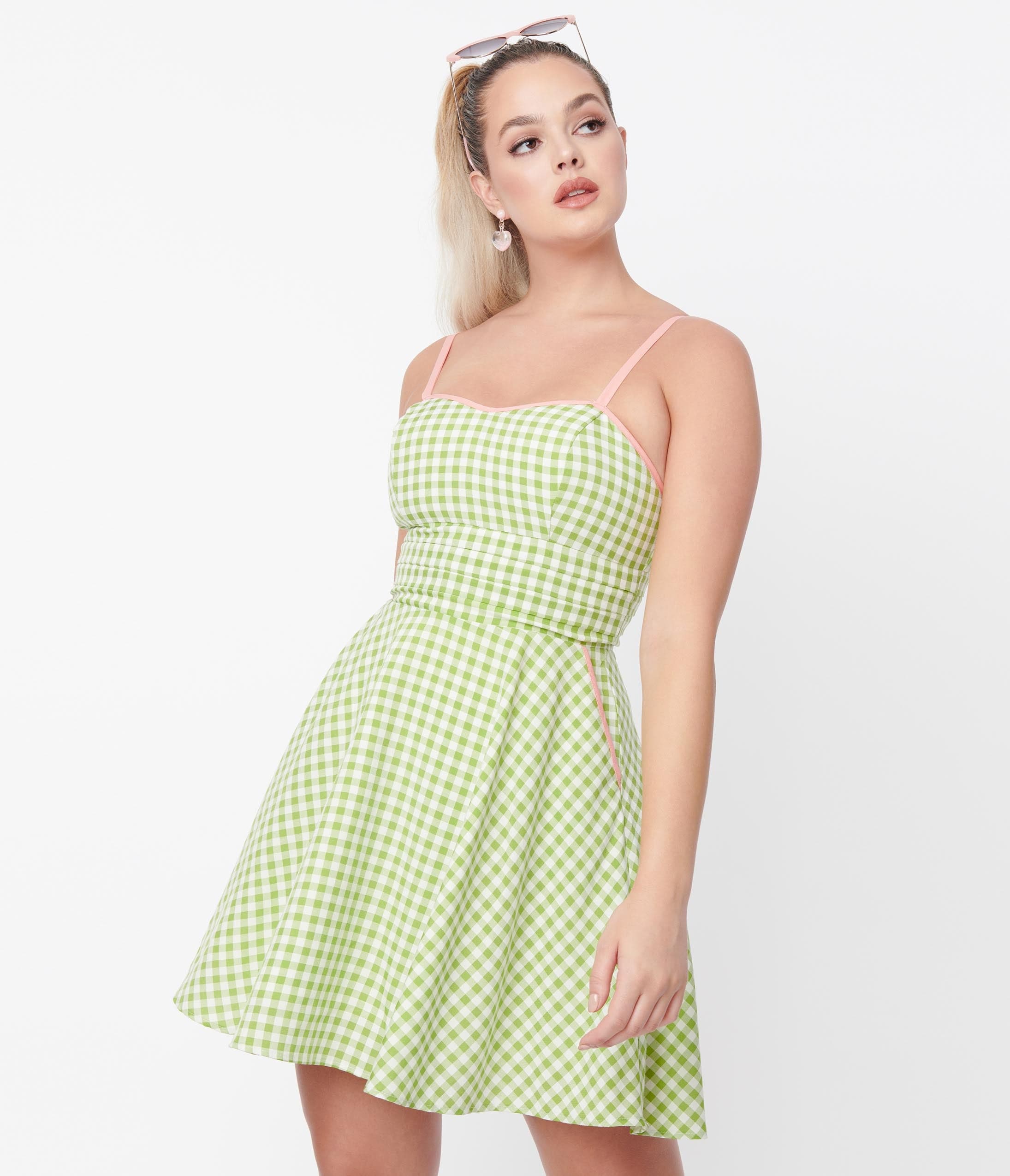 

Unique Vintage Green Gingham Follow Your Heart Fit & Flare Dress