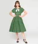 Swing-Skirt Collared Back Zipper Vintage Pocketed Floral Dots Print Dress