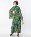 Bell Sleeves Floral Print Vintage Fitted Button Closure Elasticized Waistline Collared Maxi Dress