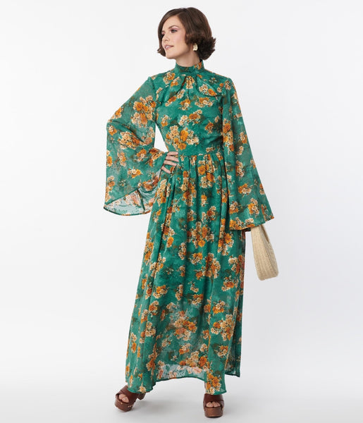 Collared Elasticized Waistline Button Closure Vintage Fitted Bell Sleeves Floral Print Maxi Dress