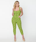 Polka Dots Print Sweetheart Button Front Vintage Fitted Pocketed Jumpsuit