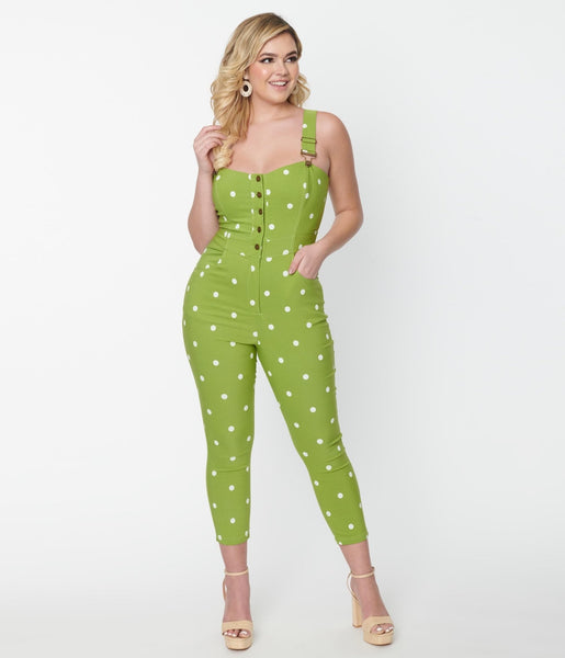 Sweetheart Fitted Pocketed Button Front Vintage Polka Dots Print Jumpsuit