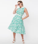 Floral Paisley Print Button Front Fitted Belted Pocketed Swing-Skirt Dress