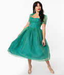 Sweetheart Gathered Organza Short Dots Print Swing-Skirt Dress by Unique Vintage