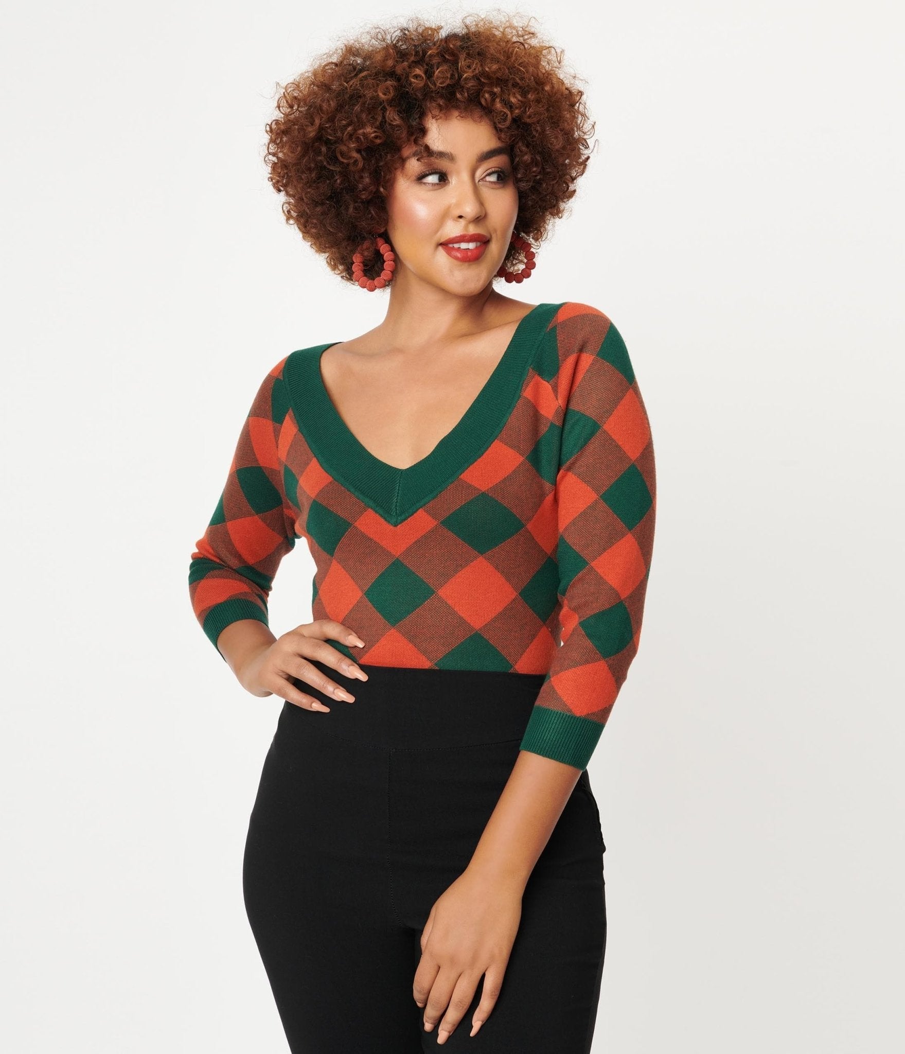 

Unique Vintage Hunter Green & Brick Plaid Shelly Sweater