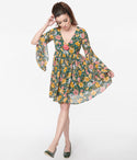 V-neck Floral Print Chiffon Empire Waistline Dress by Unique Vintage