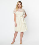 Floral Print Short Swing-Skirt Lace Keyhole Illusion Wedding Dress With a Sash by Unique Vintage