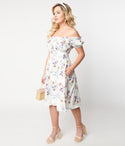 Flutter Puff Sleeves Sleeves Off the Shoulder Floral Print Swing-Skirt Dress With Ruffles