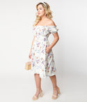 Floral Print Swing-Skirt Flutter Puff Sleeves Sleeves Off the Shoulder Dress With Ruffles