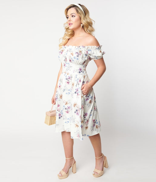 Swing-Skirt Flutter Puff Sleeves Sleeves Off the Shoulder Floral Print Dress With Ruffles