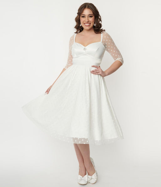 Polka Dots Print Swing-Skirt Pocketed Fitted Back Zipper Pleated Mesh Sweetheart Satin Wedding Dress With Rhinestones