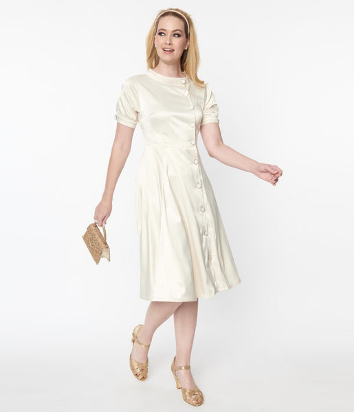 Swing-Skirt Asymmetric Button Front Satin Wedding Dress