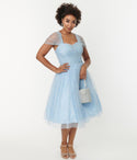 Swing-Skirt Tulle Fitted Vintage Mesh Back Zipper Dots Print Dress