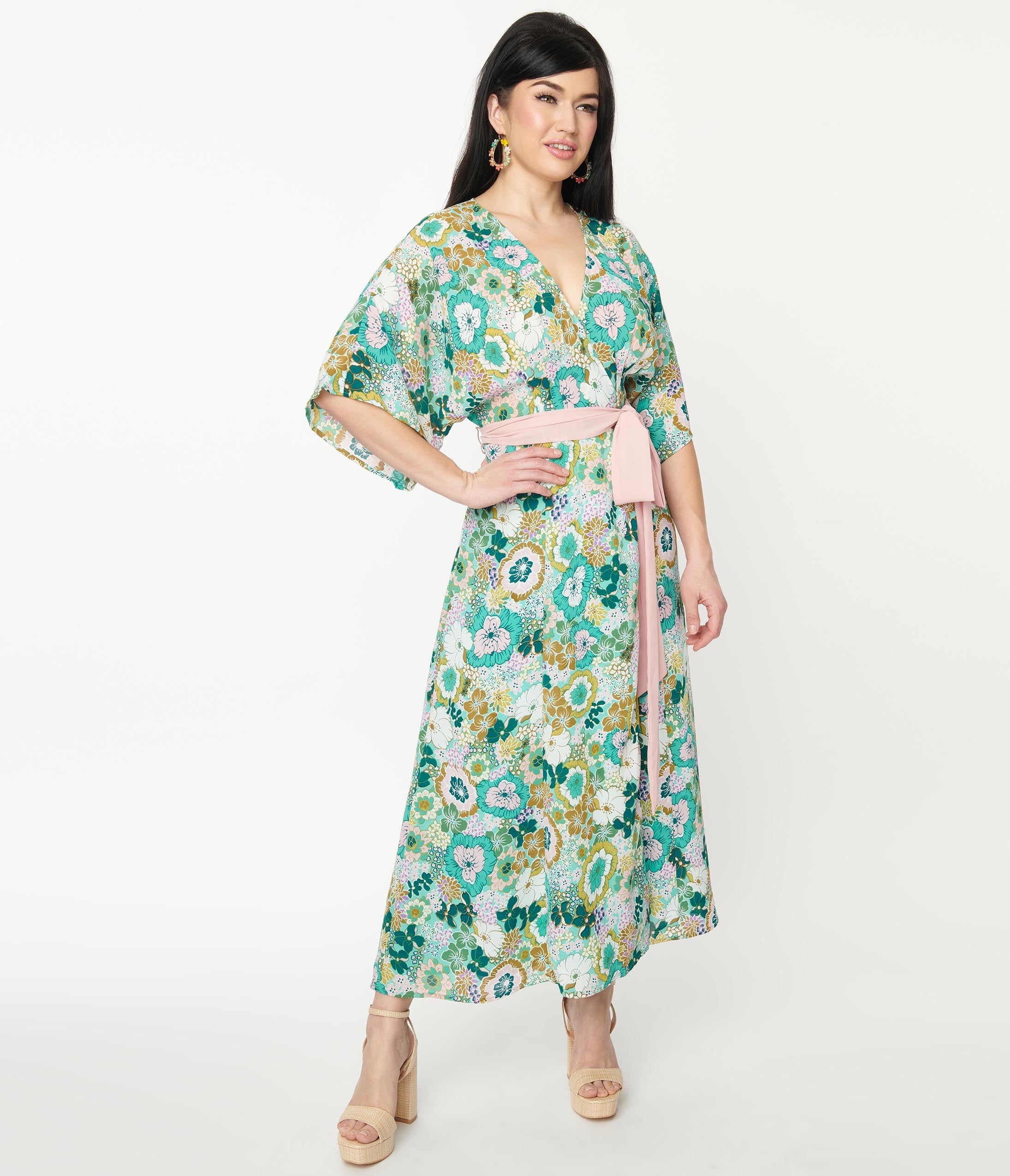 

Unique Vintage 1970S Mint Green & Pink Floral Wrap Midi Dress