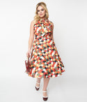 Collared General Print Swing-Skirt Self Tie Button Front Knit Dress With a Ribbon