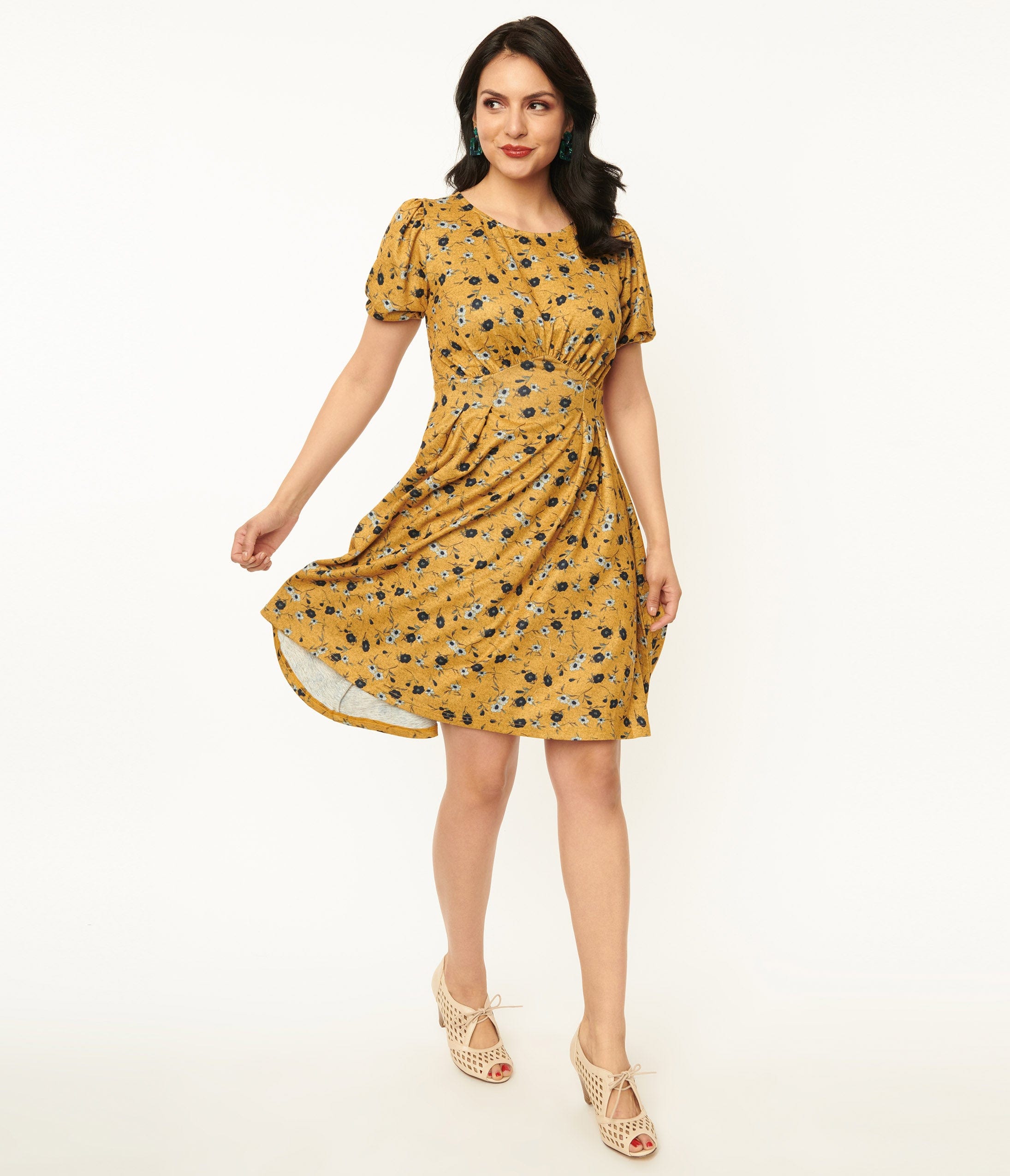 

Unique Vintage Mustard & Navy Floral Flare Dress