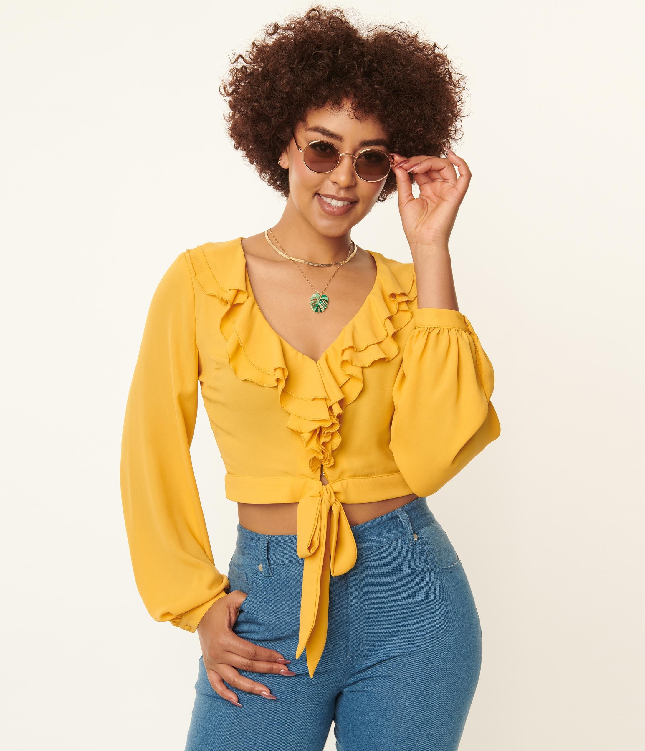 

Unique Vintage Mustard Ruffled & Ready Crop Top