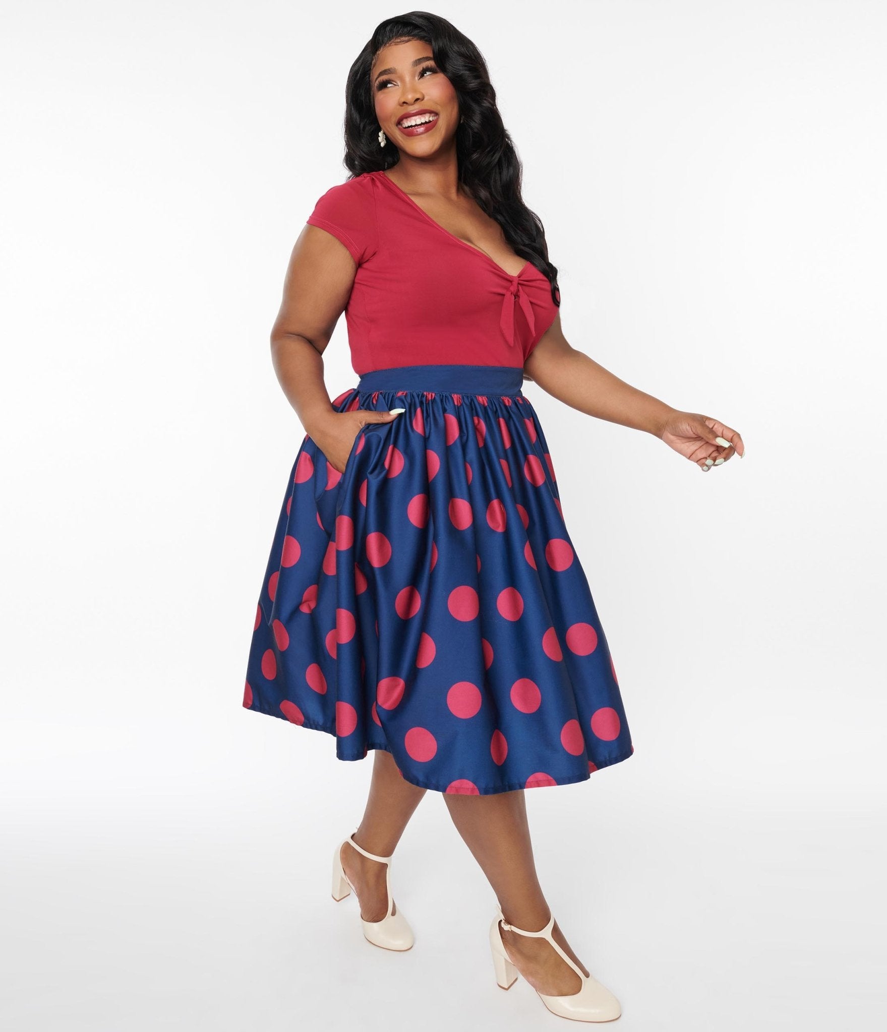 

Unique Vintage Navy & Berry Polka Dot Gellar Swing Skirt