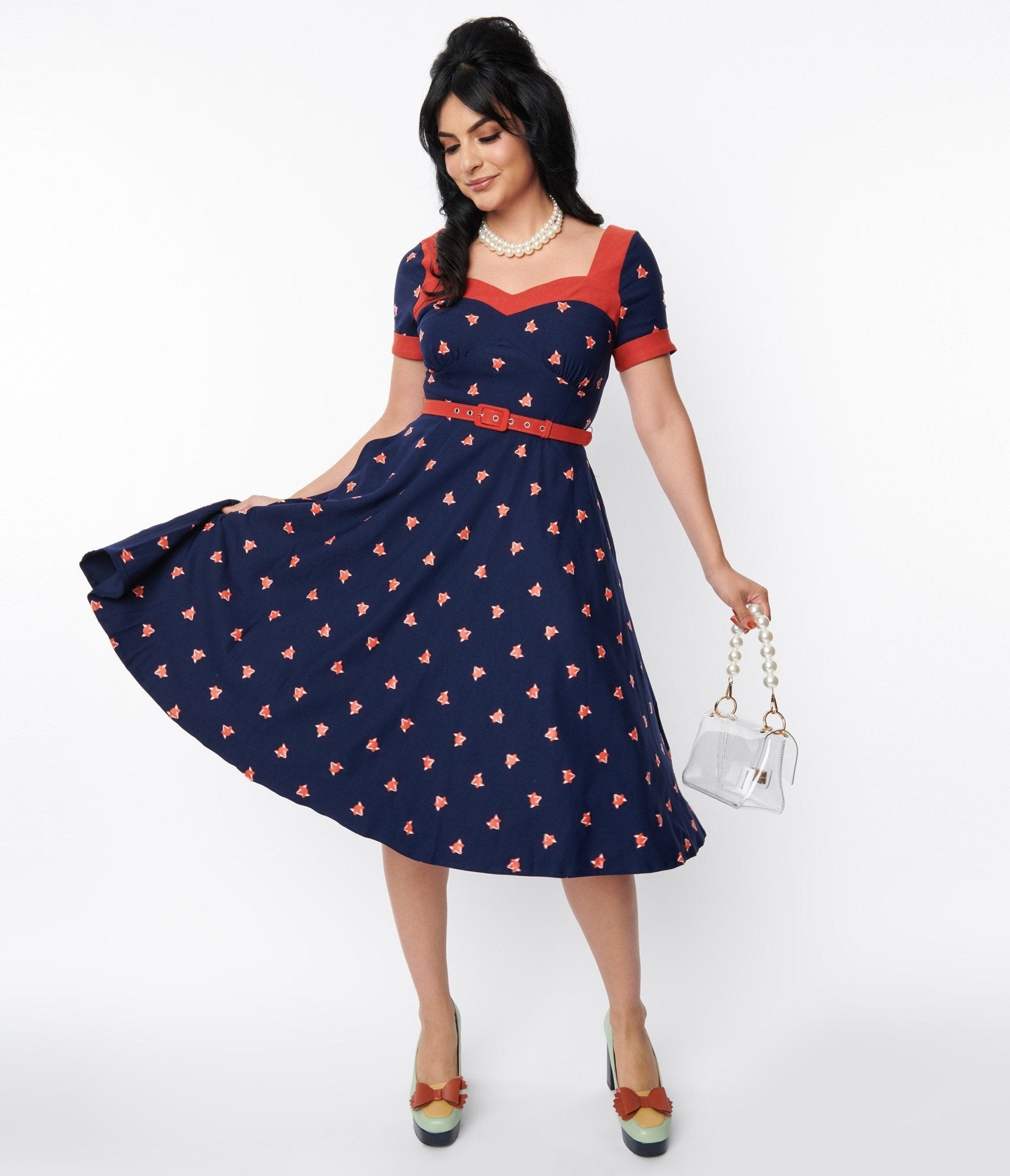 

Unique Vintage Navy Fox Stamp Swing Dress