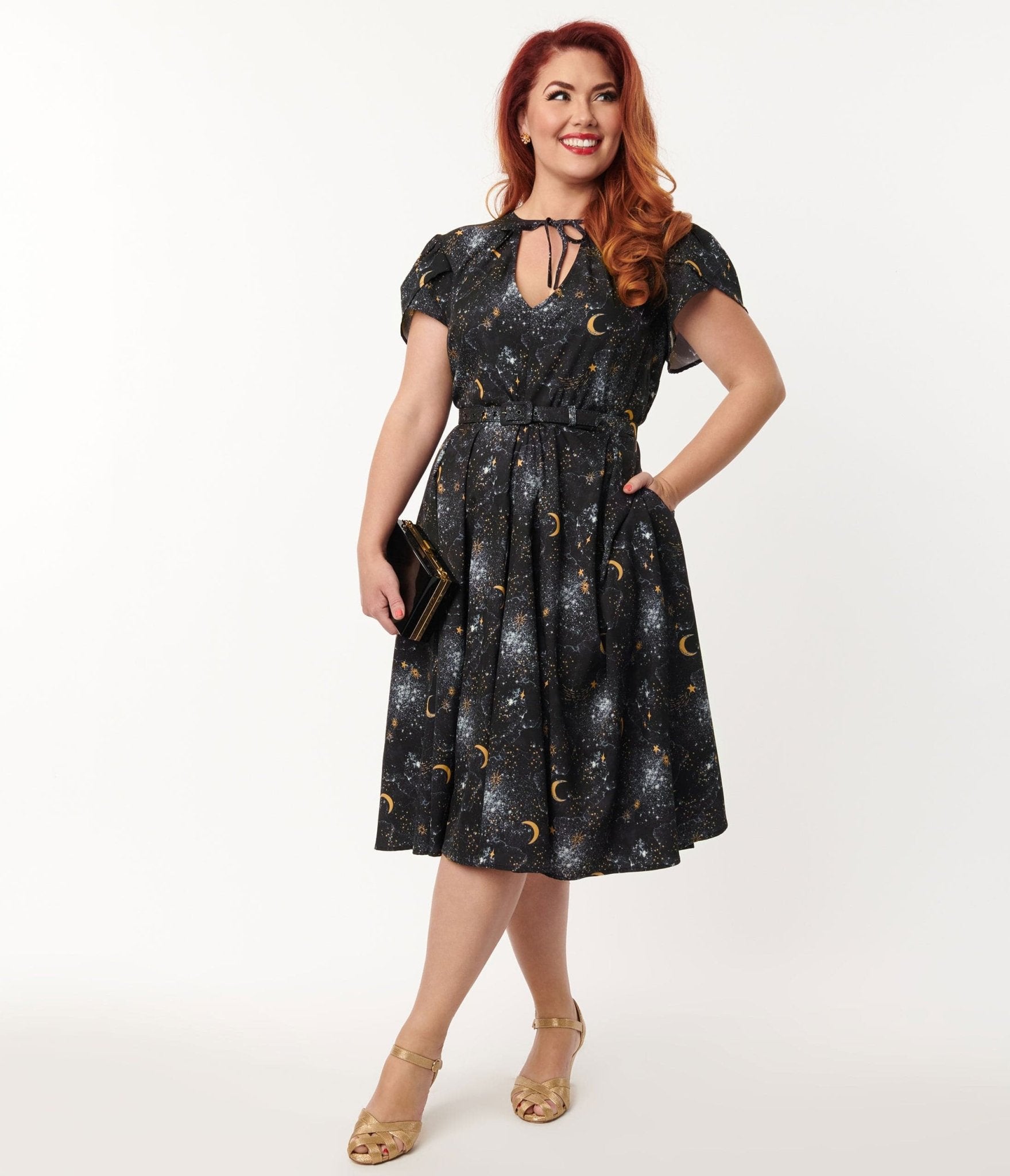 

Unique Vintage 1940S Navy Galaxy Print Dahlia Swing Dress