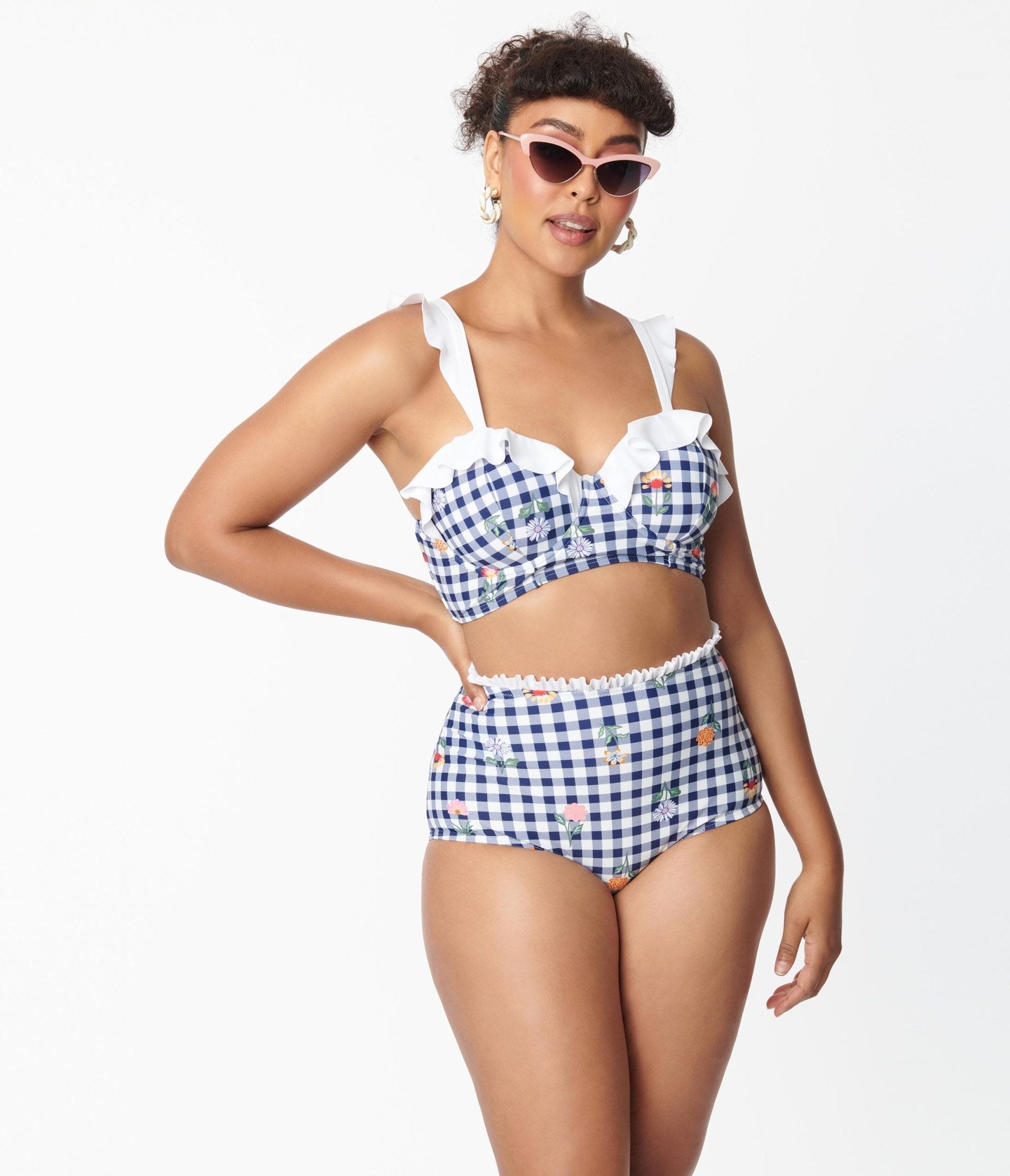 1950s Swimsuits, 50s Bathing Suits, Retro Swimwear Unique Vintage Navy Gingham  Floral Cape May Swim Bottoms $19.97 AT vintagedancer.com