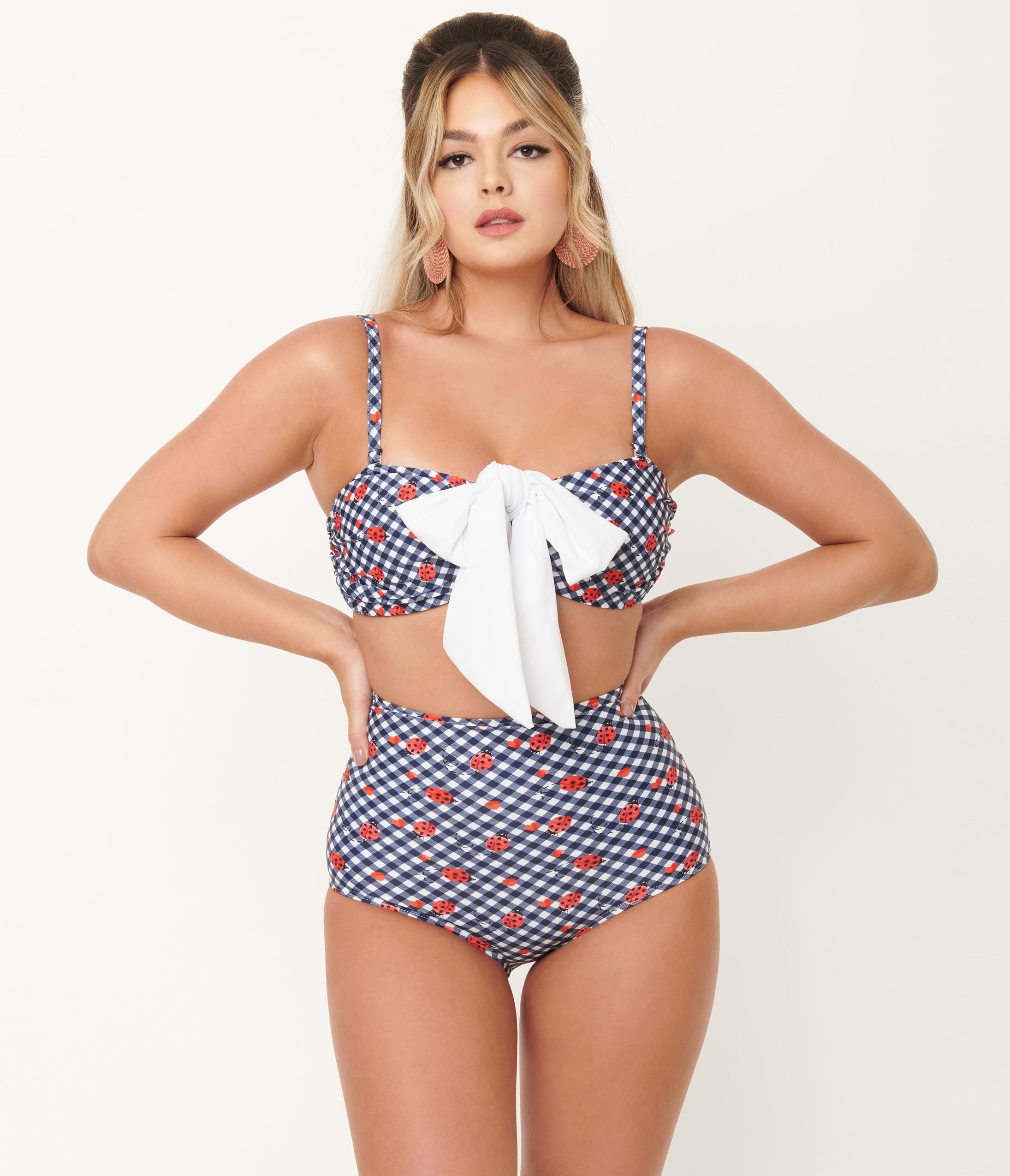 

Unique Vintage Navy Gingham & Ladybug Print High Waist Louise Swim Bottom