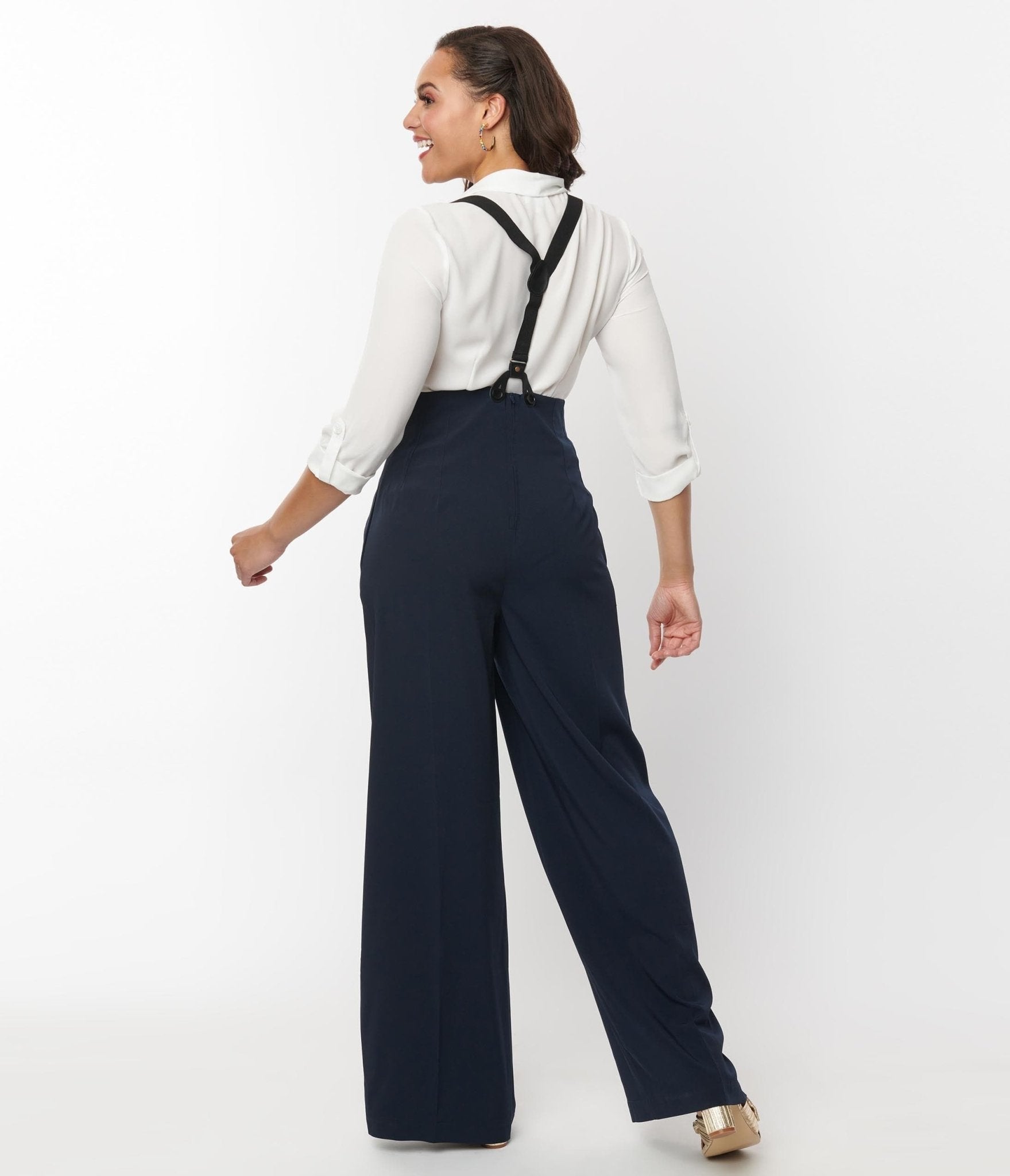 Unique Vintage Plus Size Navy High Waist Suspender Pants