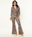 Self Tie Wrap Paisley Print Collared Knit Jumpsuit
