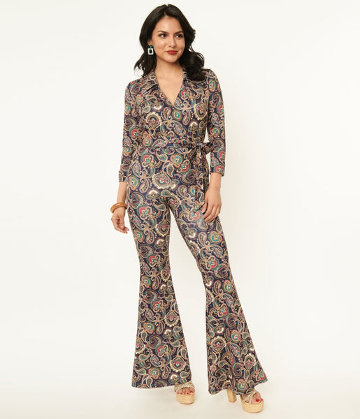 Paisley Print Self Tie Wrap Knit Collared Jumpsuit