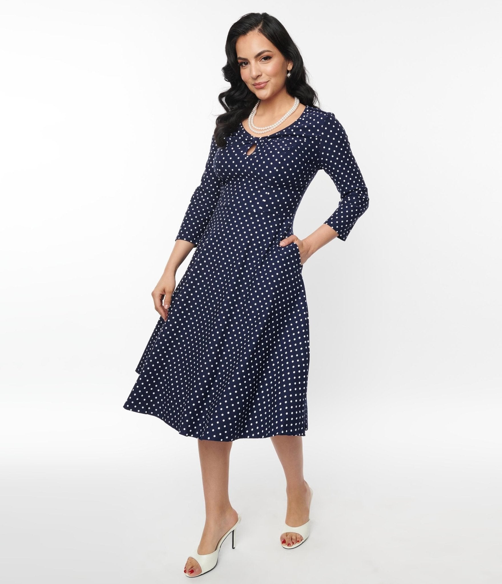 

Unique Vintage Navy Pin Dot Keyhole Neck Swing Dress