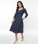 Keyhole Vintage Fitted Princess Seams Waistline Fit-and-Flare Swing-Skirt Polka Dots Print Dress