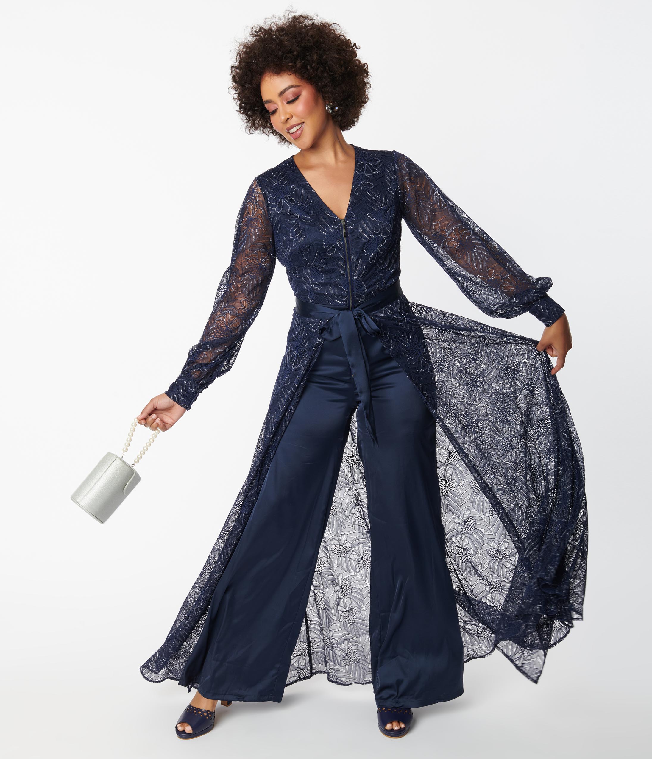 

Unique Vintage Navy Sparkle Lace Jumpsuit & Skirt Overlay