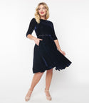 Pocketed Back Zipper Belted Fitted Bateau Neck Swing-Skirt 3/4 Sleeves Dress