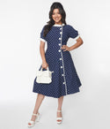 Short Sleeves Sleeves Dots Print Collared Swing-Skirt Asymmetric Button Front Piping Dress