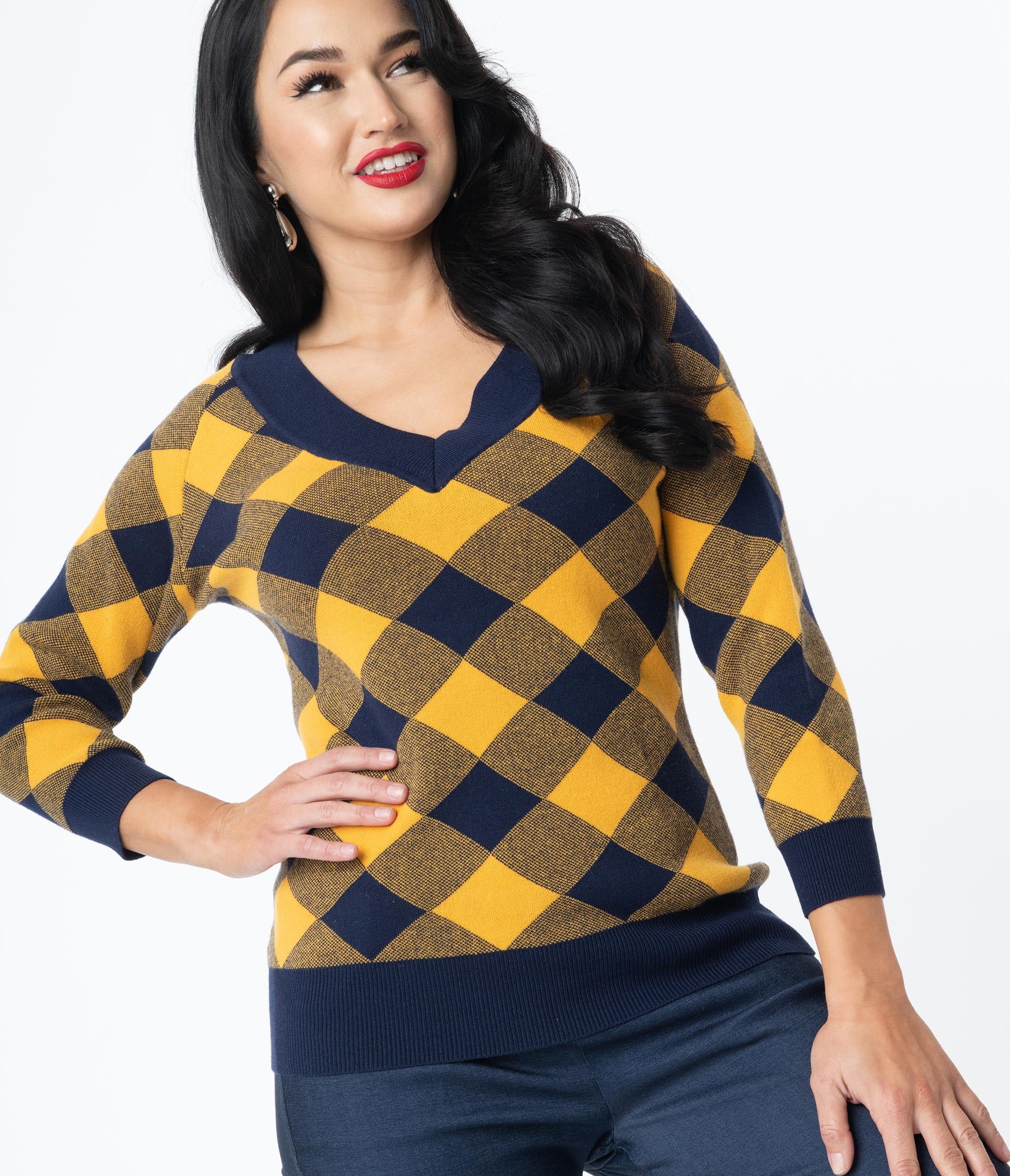 

Unique Vintage Navy & Yellow Plaid Shelly Sweater